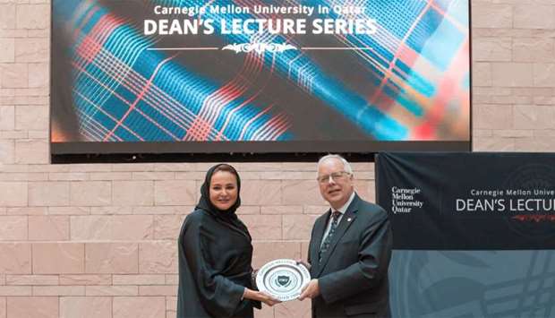 Sheikha Hanadi receives a souvenir from Trick. Sheikha Hanadi shared her decades-long experience in business, economics and entrepreneurship at the Carnegie Mellon University in Qatar (CMU-Q)u2019s Deanu2019s Lecture Series.