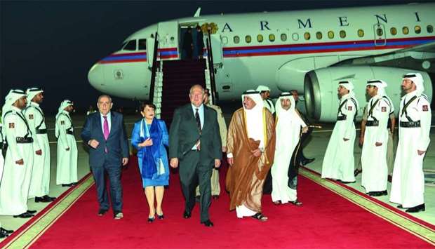 Armenian President Armen Sarkissian arrived in Doha on Sunday on an official visit to Qatar. President Sarkissian and the accompanying delegation were welcomed upon arrival at Hamad International Airport by HE the Minister of Transport and Communications Jassim Seif Ahmed al-Sulaiti, Qatar's ambassador to Armenia Mohamed al-Fuhaid al-Hajeri and Armenia's ambassador to Qatar Gegham Gharibjanian.