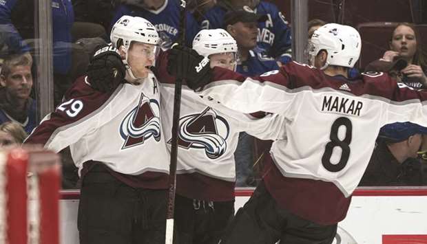 Nathan MacKinnon (left) of the Colorado Avalanche celebrates with teammates after scoring the game winning goal in OT against the Vancouver Canucks at Rogers Arena in Vancouver. (Getty Images/AFP)