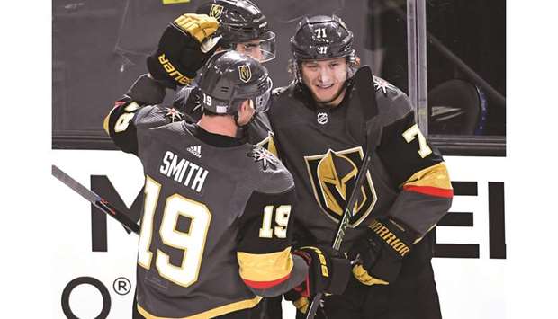 Vegas Golden Knightsu2019 William Karlsson (right) celebrates with right wing Reilly Smith (left) after scoring a third period goal against the Calgary Flames at T-Mobile Arena. PICTURE: USA TODAY Sports