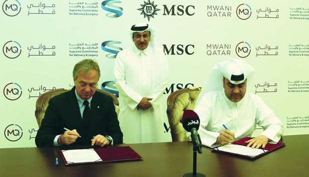 MSC executive chairman Pierfrancesco Vago signs pact with al-Khanji in the presence of HE al-Sulaiti. The transshipment operations are of the added value services that Hamad Port seeks to increase by attracting international shipping majors.