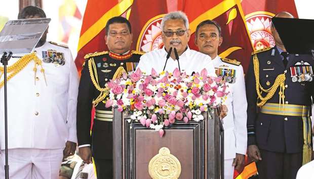 Sri Lankau2019s President-elect Gotabaya Rajapaksa addresses the nation at the presidential swearing-in ceremony in Anuradhapura yesterday.