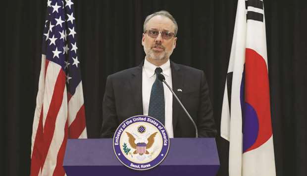 James DeHart, US Department of Stateu2019s senior adviser for security negotiations and agreements bureau of political-military affairs, speaks after a meeting with South Korean counterpart on the Special Measures Agreement (SMA) at the public affairs section of the US Embassy in Seoul, South Korea.