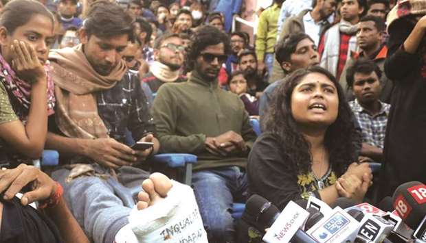 JNU students address a press conference in New Delhi yesterday.