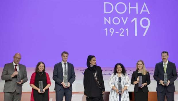 Her Highness Moza bint Nasser, Chairperson of Qatar Foundation, with the winners of the 2019 WISE Awards. PICTURE: Aisha al-Musallam