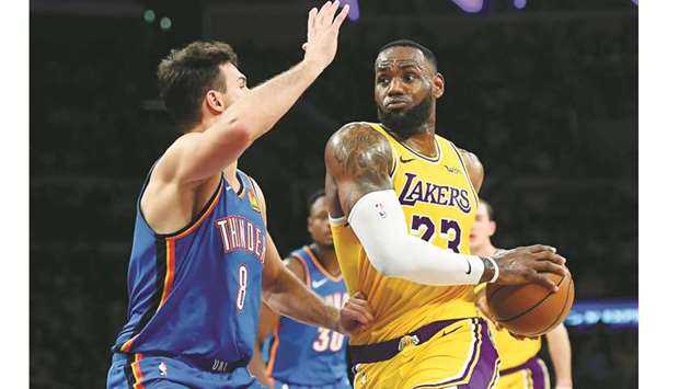 Oklahoma City Thunder forward Danilo Gallinari guards Los Angeles Lakers forward LeBron James as he drives to the basket in the second half of the game at Staples Center. PICTURE: USA TODAY Sports