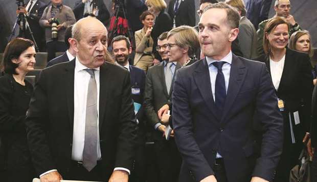 French Foreign Minister Jean-Yves Le Drian and German Foreign Minister Heiko Maas attend the Nato foreign ministers meeting in Brussels.