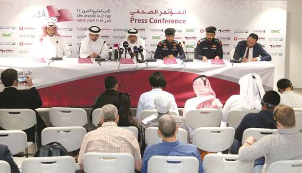(From left) LOC Director of Venue Operations and Overlays Jassim al-Jassim, Director of Culture and Arts Department at Ministry of Culture and Sports Hamad Mohamed al-Zakiba, LOC Director of Marketing Khalid al-Kuwari, stadium traffic leaders First Lt Ali Rashid al-Ateeq and First Lt. Salem Mubarak al-Buainain attend the press conference yesterday. PICTURES: Anas Khalid