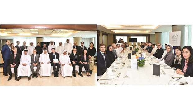 Dignitaries from the Qatari Businessmen Association and Qatari-French Business Association during a lunch meeting held in Doha yesterday. Right: Members of both associations during the meeting.