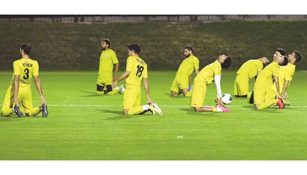 Yemen players take part in a training session at the Qatar University Stadium ahead of the 24th Arabian Gulf Cup yesterday. PICTURES: Shemeer Rasheed