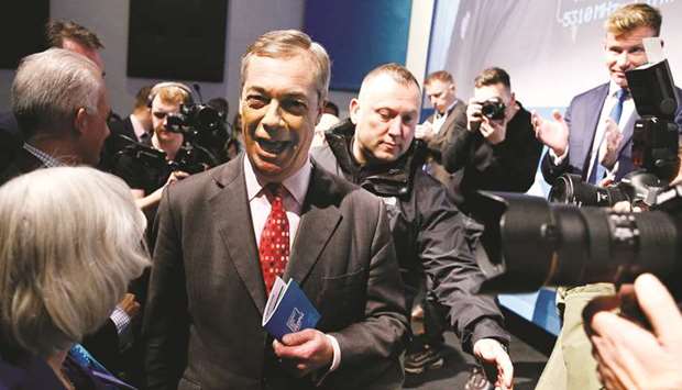 Brexit Party leader Nigel Farage attends the partyu2019s policy launch in London yesterday.