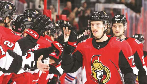 Thomas Chabot of the Ottawa Senators celebrates his first period goal against the New York Rangers at Canadian Tire Centre in Ottawa. (Getty Images/AFP)