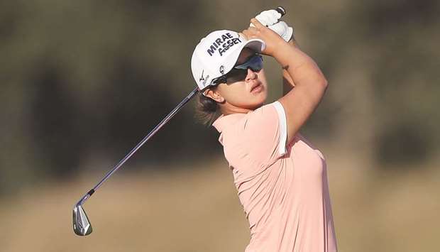 Kim Sei-young of South Korea plays a shot on the 18th hole during the second round of the CME Group Tour Championship at Tiburon Golf Club on Friday. (AFP)