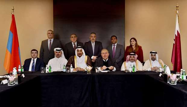 QBA board member Saud al-Mana and other members of the association join Armenian President Armen Sarkissian and his accompanying delegation, including Armenian ambassador Gegham Gharibjanian and other dignitaries during a private meeting held in Doha.