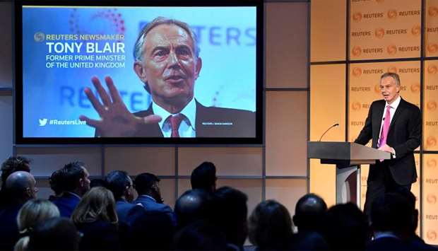 Former British PM Blair speaks at a Reuters Newsmaker event in London