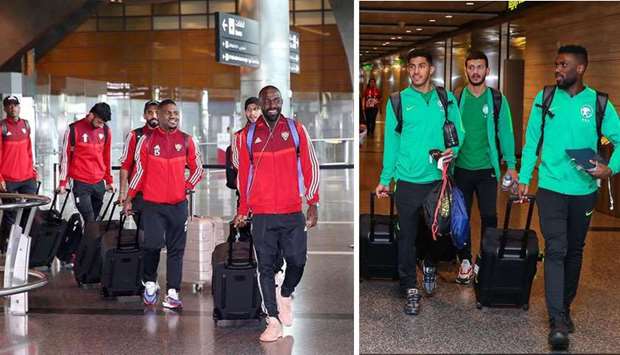 The UAE team members arrive at the Hamad International Airport (L), members of the Saudi team arrive