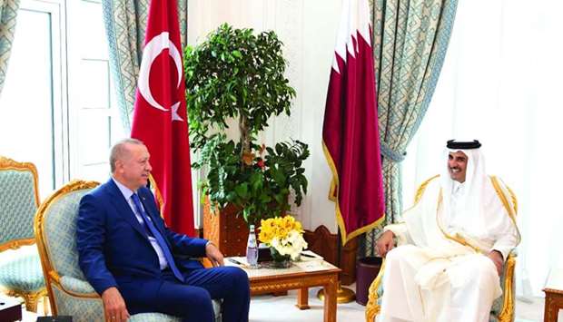 His Highness the Amir Sheikh Tamim bin Hamad al-Thani meeting with Turkish President Recep Tayyip Erdogan.