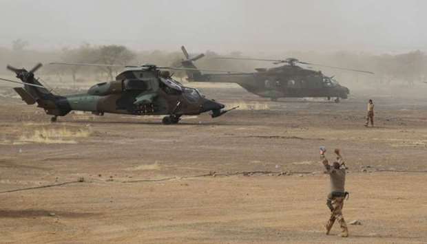 A French Eurocopter Tiger (Eurocopter EC665 Tigre) helicopter sits at the FAMa (Malian Armed Forces) base