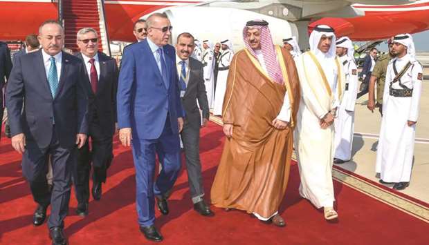President of Turkey Recep Tayyip Erdogan being received by HE the Deputy Prime Minister and Minister of State for Defence Affairs Dr Khalid bin Mohamed al-Attiyah.
