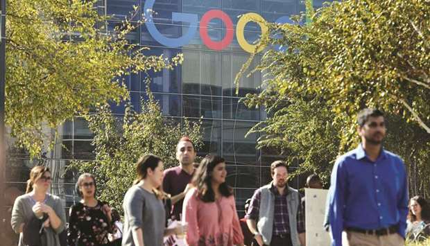 Google employees participate in a walkout to protest how the tech giant handled sexual misconduct in Mountain View, California, on November 1, 2018.