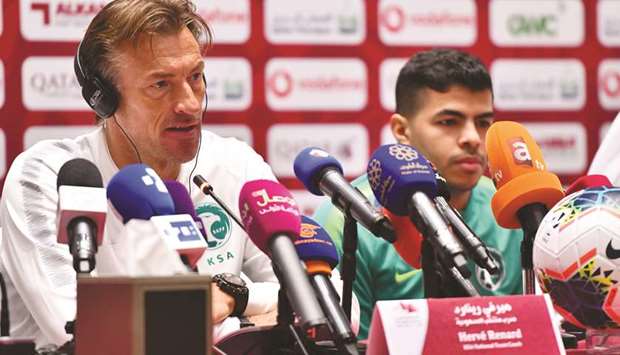 Saudi Arabia coach Herve Renard (left) addresses a press conference on the eve of their Gulf Cup match against Kuwait in Doha. PICTURES: Noushad Thekkayil