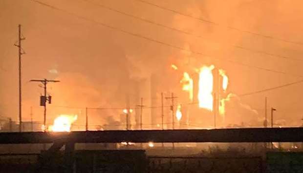Fire and flames following an explosion at a chemical plant in the Texas city of Port Neches