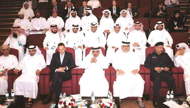 HE the Minister of Transport and Communications Jassim Seif Ahmed al-Sulaiti, Mowasalat chairman Dr Saad bin Ahmed al-Muhannadi, director general of General Directorate of Traffic and second vice president of NTSC Maj Gen Mohamed Saad al-Kharji and IRU director, Certification and Standards, Patrick Philipp attending the conference.