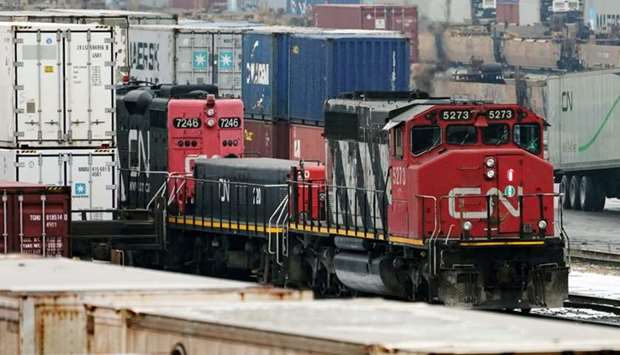 Trains are seen in the yard at the at the CN Rail Brampton Intermodal Terminal after Teamsters Canada union workers and Canadian National Railway Co. and failed to resolve contract issues, in Brampton, Ontario, Canada on November 19.
