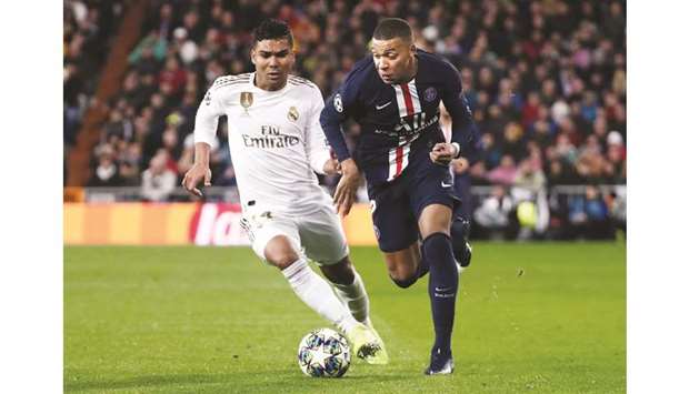 PSGu2019s French forward Kylian Mbappe in action during the Champions League group A match against Real Madrid at the Santiago Bernabeu stadium in Madrid on Tuesday. (Reuters)