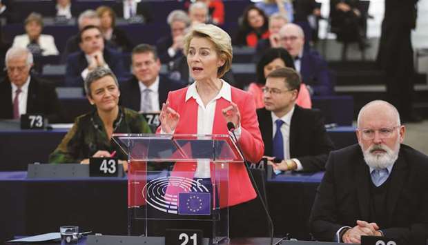 European Commission President-elect Ursula von der Leyen addresses the European Parliament in Strasbourg yesterday.