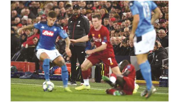 Liverpoolu2019s German manager Jurgen Klopp watches his players from the touchline during the UEFA Champions league Group E football match against Napoli at Anfield in Liverpool, United Kingdom, on Wednesday. (AFP)