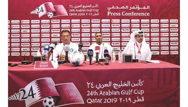 Saudi coach Herve Renard (left) and goalkeeper Fawaz al-Qarni address a press conference on the eve of their Gulf Cup match against Bahrain in Doha.
