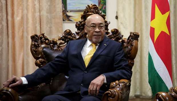 Suriname's President Desi Bouterse is pictured during a meeting with Russian Foreign Minister Sergey Lavrov at the Presidential palace in Paramaribo, Suriname on July 27.