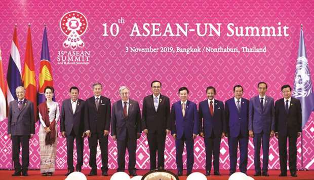 United Nations Secretary-General Antonio Guterres poses with Asean leaders during a summit in Bangkok yesterday. Leaders from China and Southeast Asia states called for swift agreement on what could become the worldu2019s largest trade bloc at a regional summit yesterday, but new demands from India left officials scrambling to salvage progress.