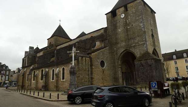 The facade of the Sainte-Marie cathedral in Oloron-Sainte-Marie, near Pau, southwestern France, after the robbery
