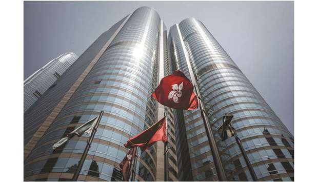 An external view of the the Hong Kong Stock Exchange building. The Hang Seng index closed up 1.5% to 27,496.44 points yesterday.