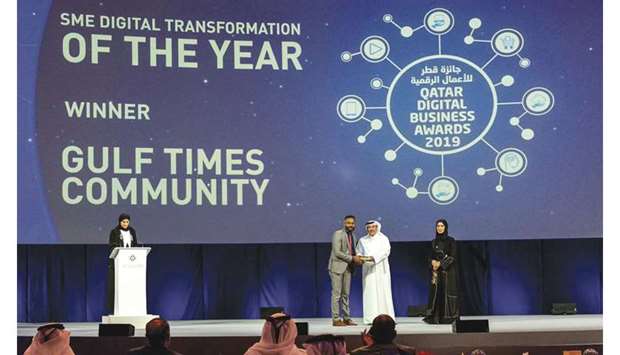 COVETED PRIZE: Digital Marketing Manager Jossy Abraham receiving the SME Digital Transformation of the Year award for Gulf Times Community at the Qatar Digital Business Awards (QDBA) 2019.