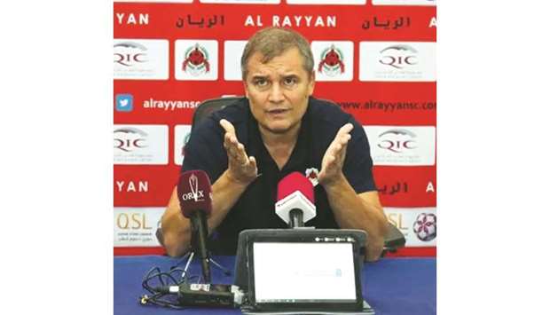 Al Rayyan coach Diego Aguirre speaks during a press conference.
