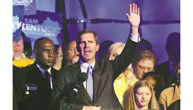 Apparent Governor-elect Andy Beshear celebrates with supporters at C2 Event Venue in Louisville, Kentucky.