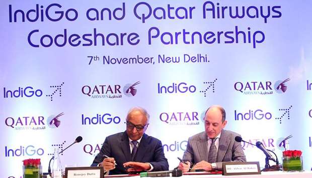Qatar Airways has signed a codeshare agreement with IndiGo, Indiau2019s largest passenger airline. Sales started on Thursday with the first codeshare flights to operate from December 18. The codeshare agreement was announced at a media event in New Delhi attended by Qatar Airways Group Chief Executive HE Akbar al-Baker and IndiGo Chief Executive Officer Ronojoy Dutta.