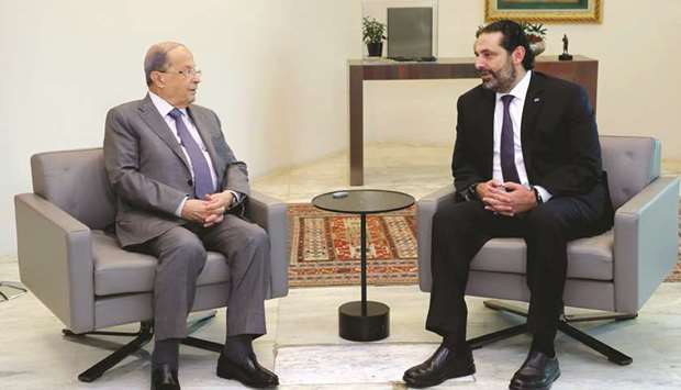 President Michel Aoun meeting with caretaker prime minister Saad Hariri at Baabda presidential palace, east of the capital Beirut.