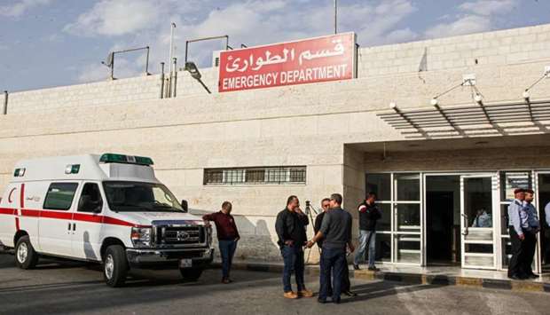 A view of the scene outside Jerash Government Hospital where victims were taken following a knife attack on November 6  at the site of Jerash, a popular attraction 50 kilometres north of the capital.