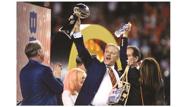 In this February 7, 2016, picture, former Denver Broncos quarterback and current general manager John Elway celebrates as he holds the Vince Lombardi trophy after a 24-10 win over the Carolina Panthers in Super Bowl 50 at Leviu2019s s Stadium in Santa Clara, California, United States. (TNS)