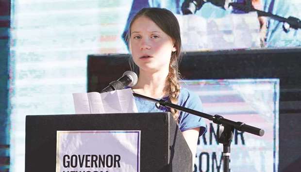 Swedish teen climate activist Greta Thunberg speaks during a march and rally at the Youth Climate Strike in Los Angeles.