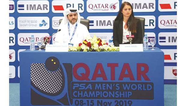 Tariq Zainal, secretary-general of the Qatar Tennis, Squash and Badminton Federation, and Maud Daniel, marketing and customer care director at Al Jaidah Group during the press conference yesterday.