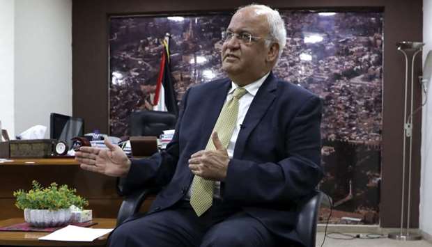 Saeb Erekat, Secretary-General of the Palestine Liberation Organisation and chief Palestinian negotiator, talking to reporters in the West Bank city of Ramallah on March 3.