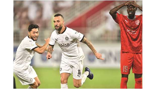 The expression on Almoez Aliu2019s face says it all as Al Saddu2019s Guilherme Santos Torres  (C) celebrates his goal with Rodrigo Tabata during the Amir Cup semi-final yesterday.  PICTURES:  Noushad Thekkayil
