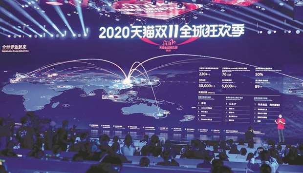 A screen shows the value of goods being transacted during Alibaba Groupu2019s Singlesu2019 Day global shopping festival at a media centre in Hangzhou, Zhejiang province, China.