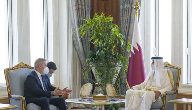 His Highness the Amir Sheikh Tamim bin Hamad Al-Thani meets with the Minister of Defence of Italy Lorenzo Guerini
