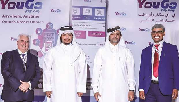 YouGo PayWay president Sheikh Hassan bin Hamad al-Thani and vice-president Sheikh Abdulla bin Suood al-Thani with managing director Dr Abdul Rahman Karinchola and general manager Kennath John Clark at the teasers launch function.